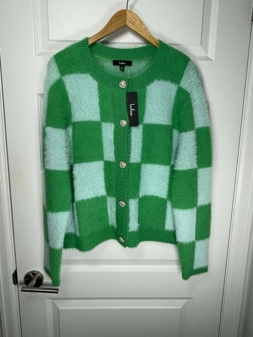 Lulus Cherished Crush Cardigan M Green Blue Checkered Chunky Knit Fuzzy Eyelash